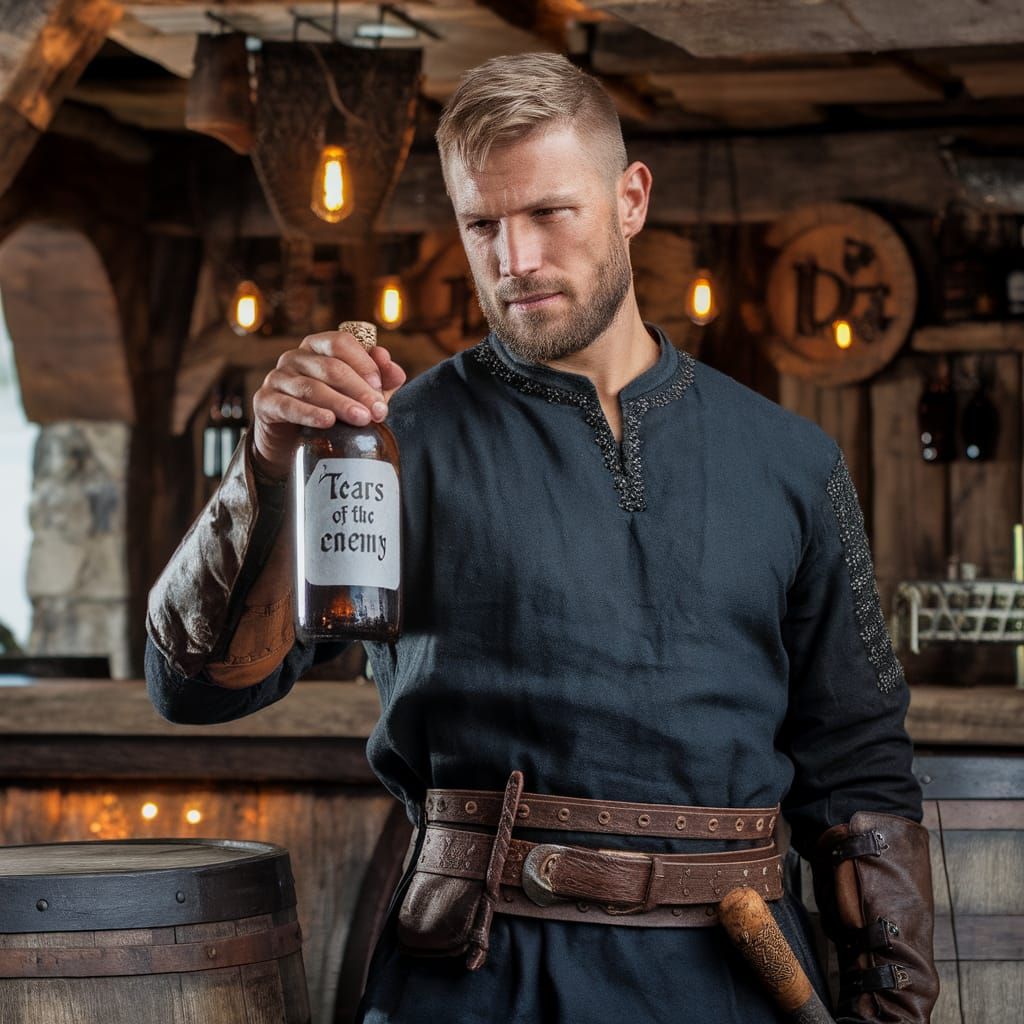 Warrior with Enemy Tears Bottle in Tavern