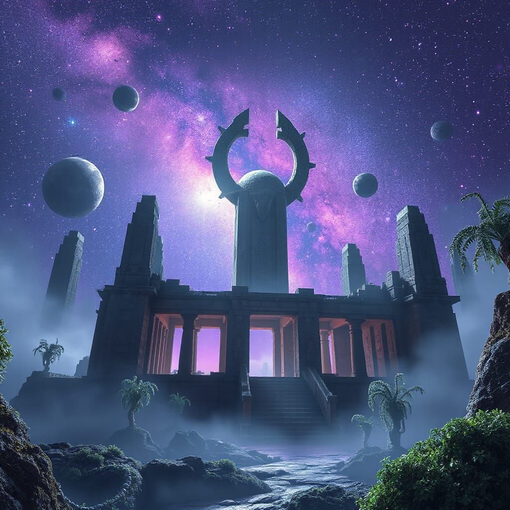 Alien Temple Ruins with Bioluminescent Vines