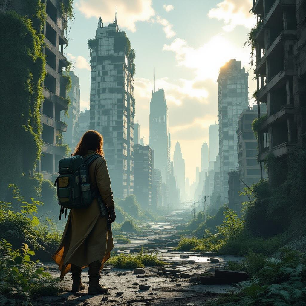 Overgrown Cityscape: Woman Amidst Nature's Reclamation