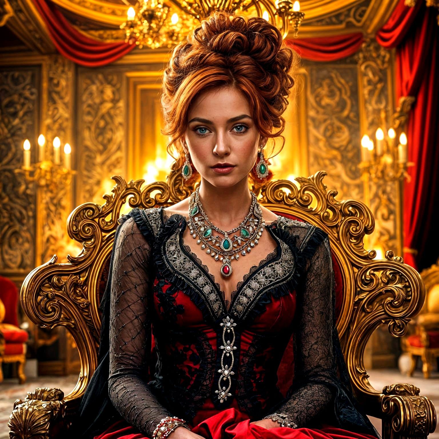 Regal Woman in Fiery Inferno, Gilded Chair and Crimson Gown