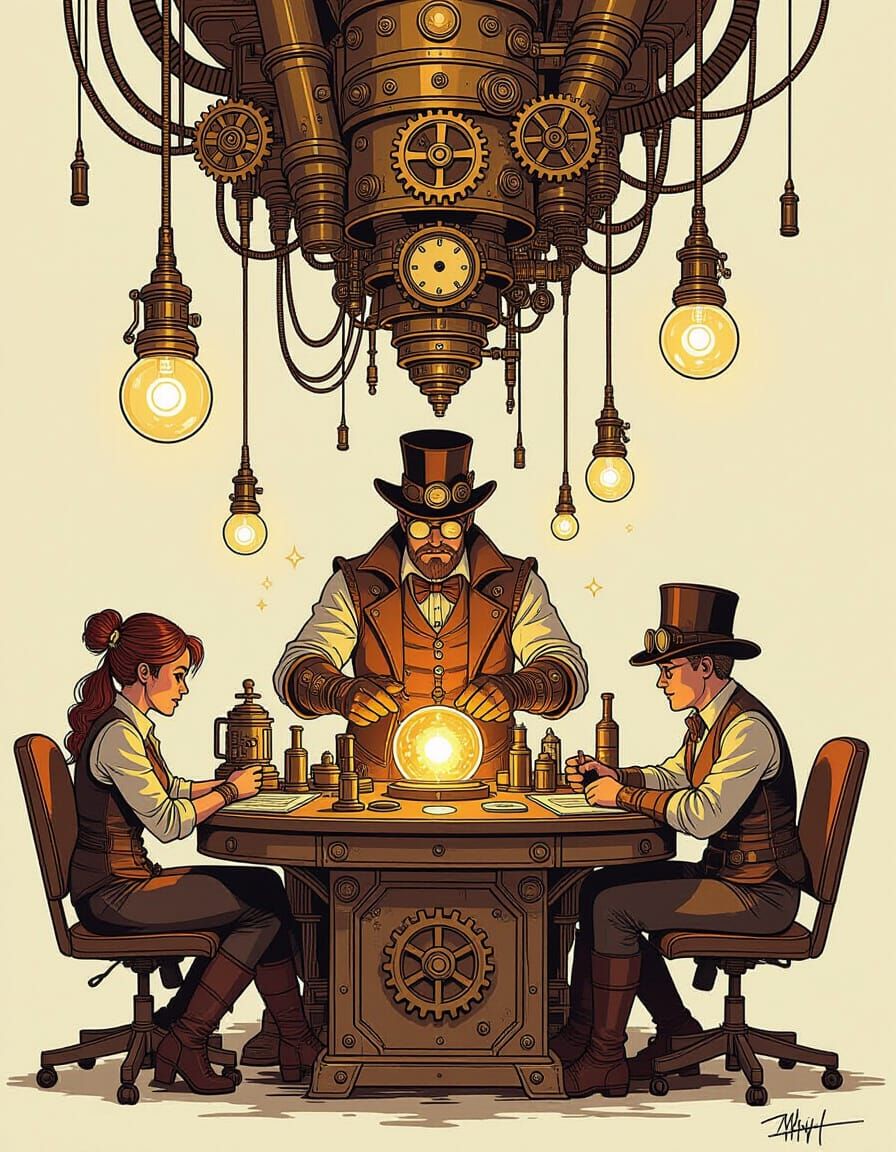 Steampunk Inventor Leads Team Amidst Futuristic Gadgets