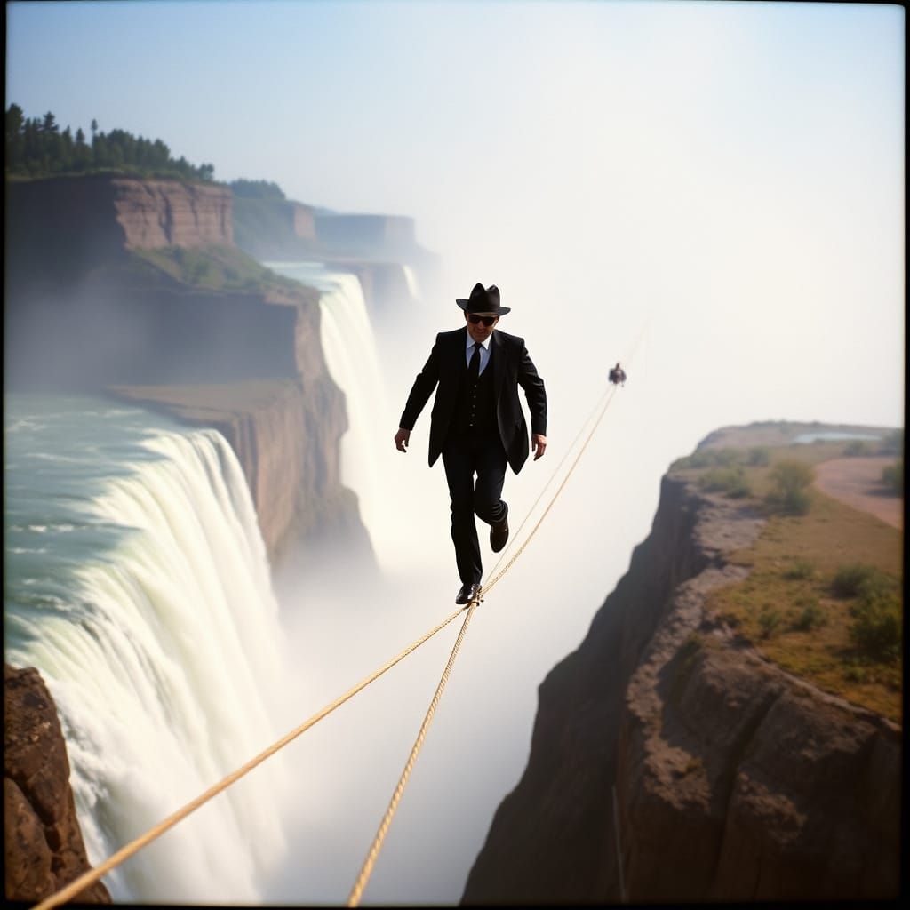 High Wire Walker Over Niagara Falls, Vintage Photo