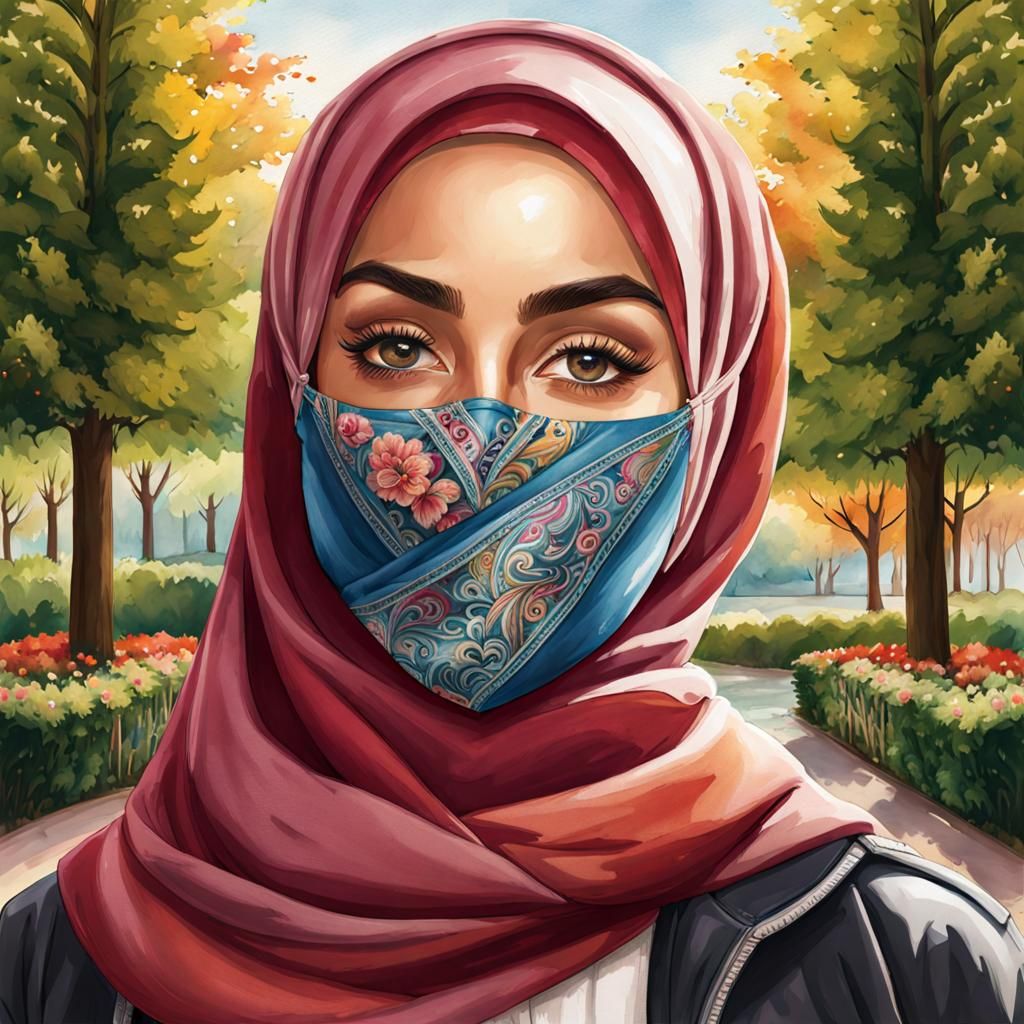 Beautiful Hijabi Student in Park with Face Mask