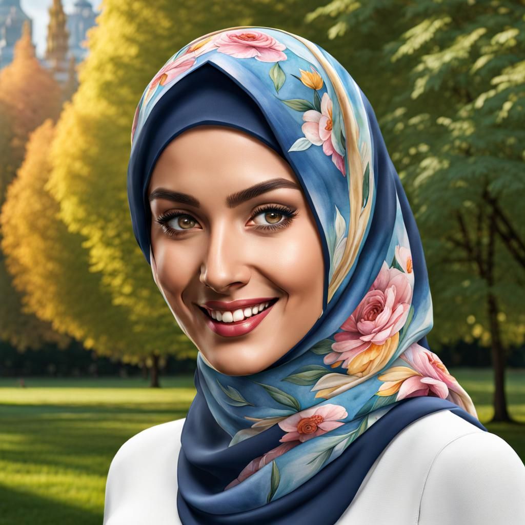 Beautiful Hijabi Student in Cozy Park Watercolor