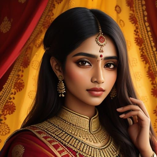 Indian Woman in Sari with Gold Embroidery