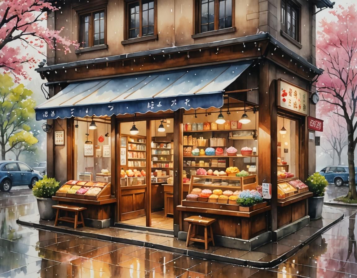 Watercolor Cake Shop on a Rainy Day