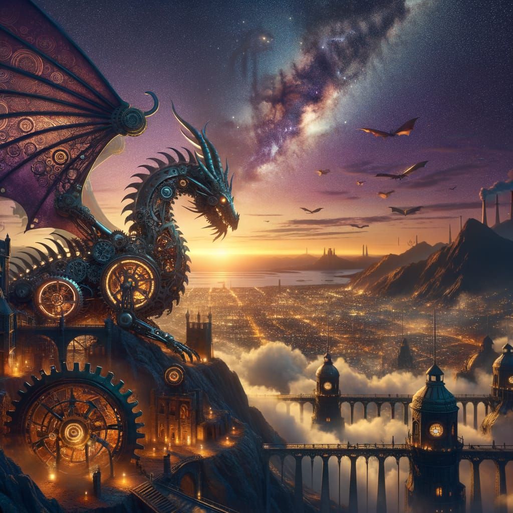 Clockwork Dragon's Twilight Flight Over Steampunk City