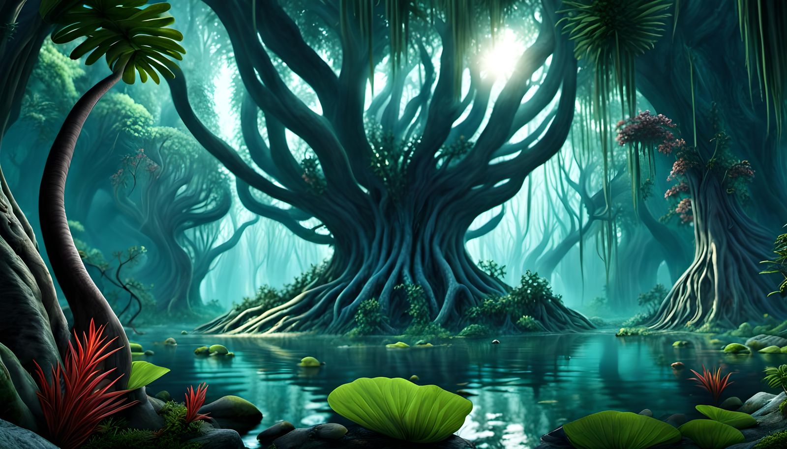 Hyperrealistic Alien Forest Landscape with Bizarre Plants