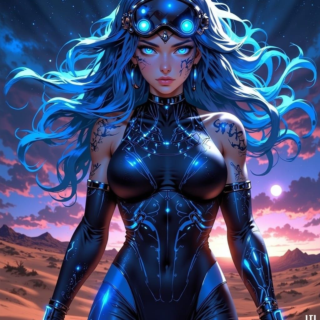 Sci-Fi Woman with Celestial Tattoos in Alien Desert