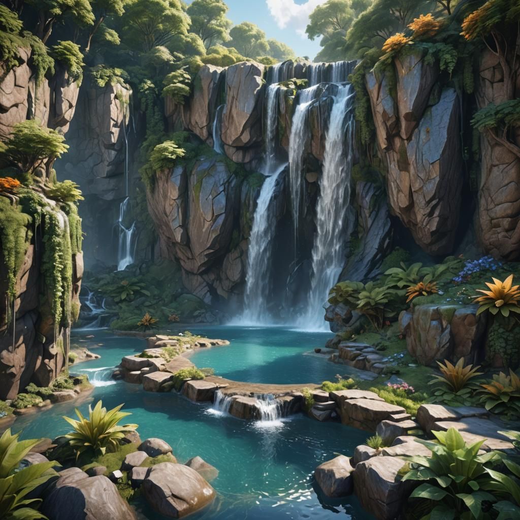 Majestic Waterfall Reflecting Fantasy Landscape in Detailed ...