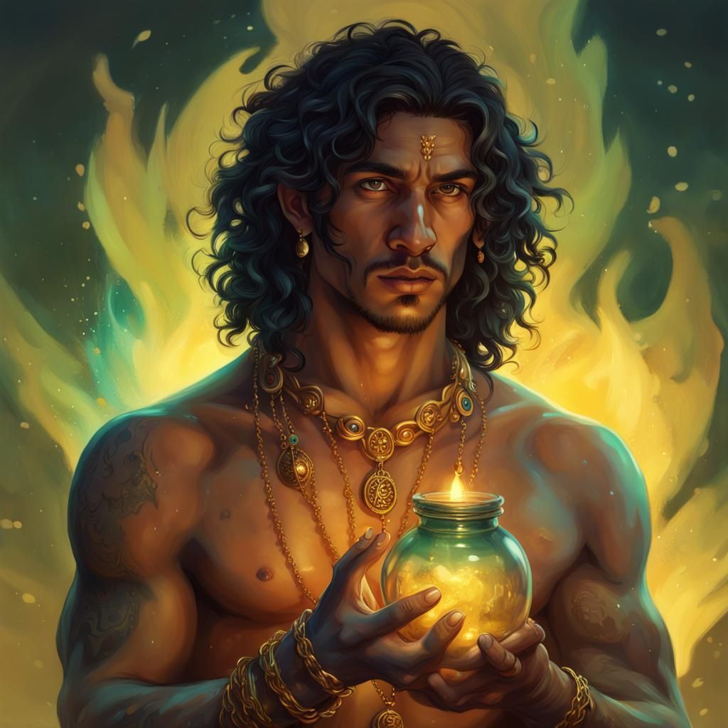 Young Romani Druid Holding Potion, Hyperrealistic Digital Ar...