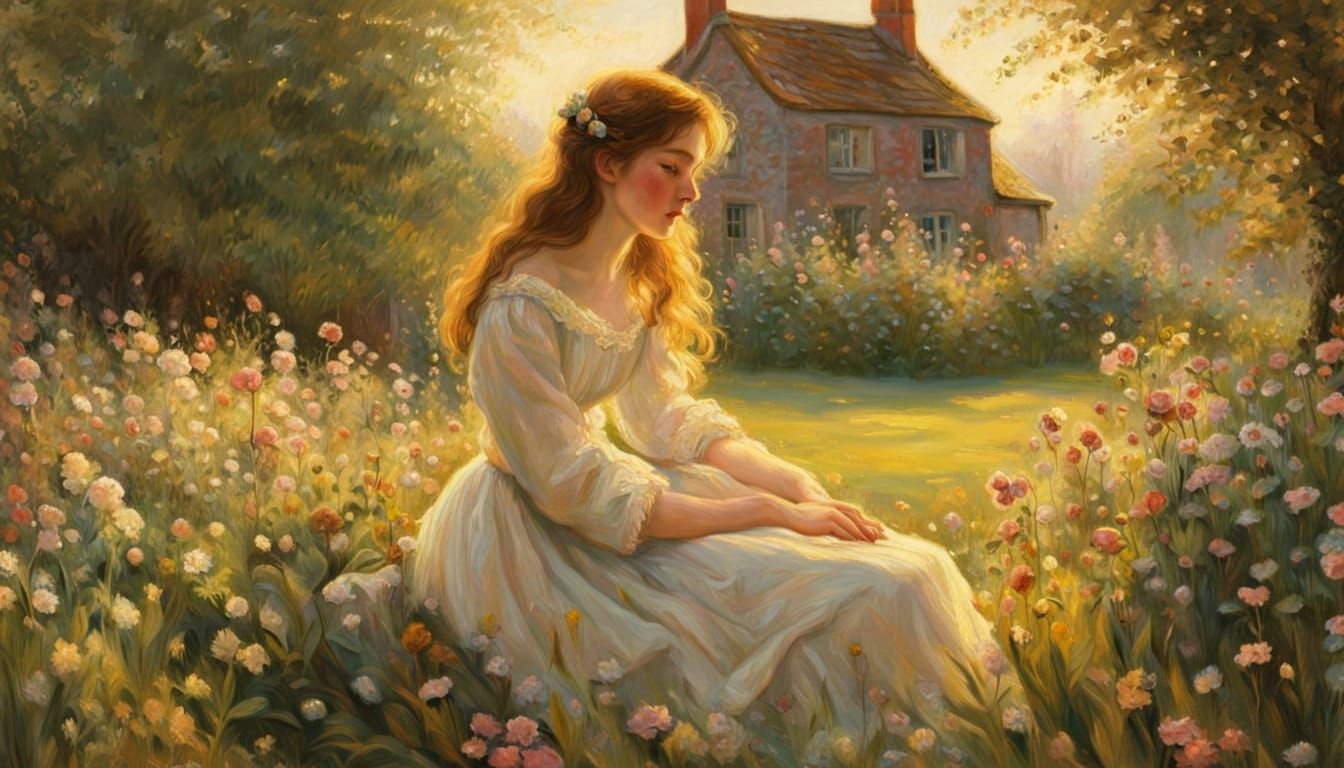 Cottagecore Garden Scene in Impasto Oil Painting Style