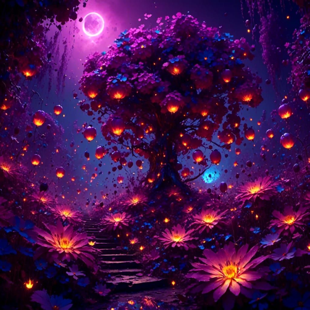 Purple Flower Fantasy Art at Night