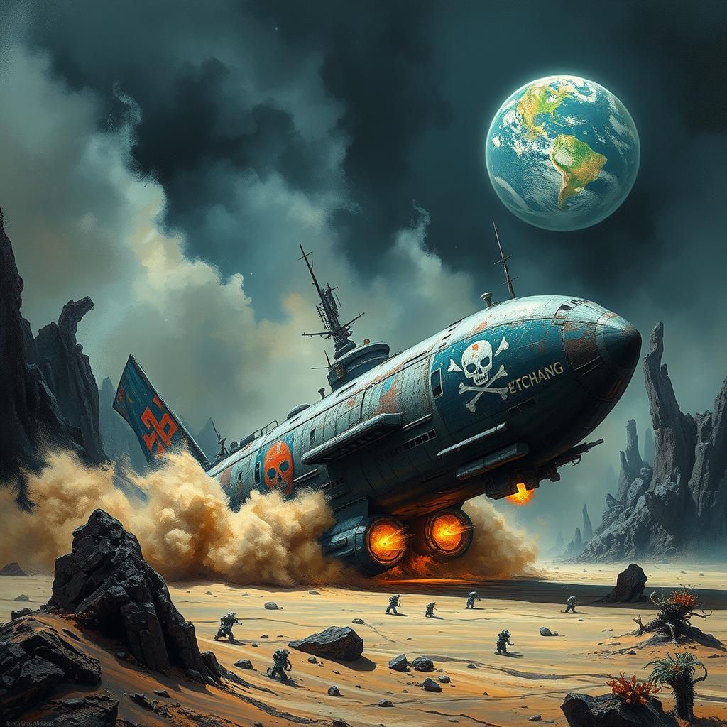 Weathered Dutch Spaceship Landing on Desert Planet