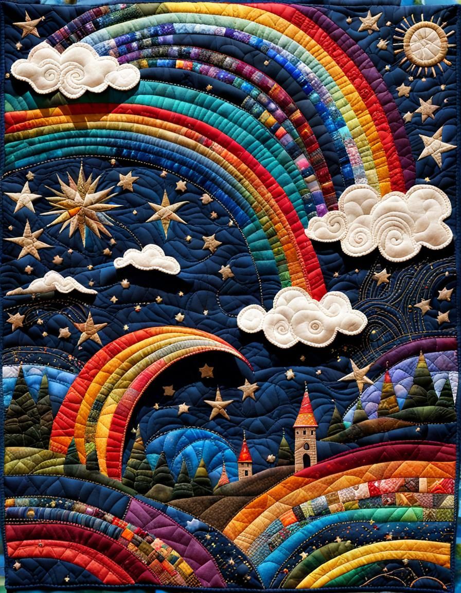Rainbow Quilt Fabric Collage in Mixed Media