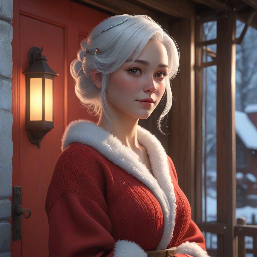 Mrs. Clause standing by the door waiting for Santa to get home from his late night rendezvous. By artist "anime", 3d ani...