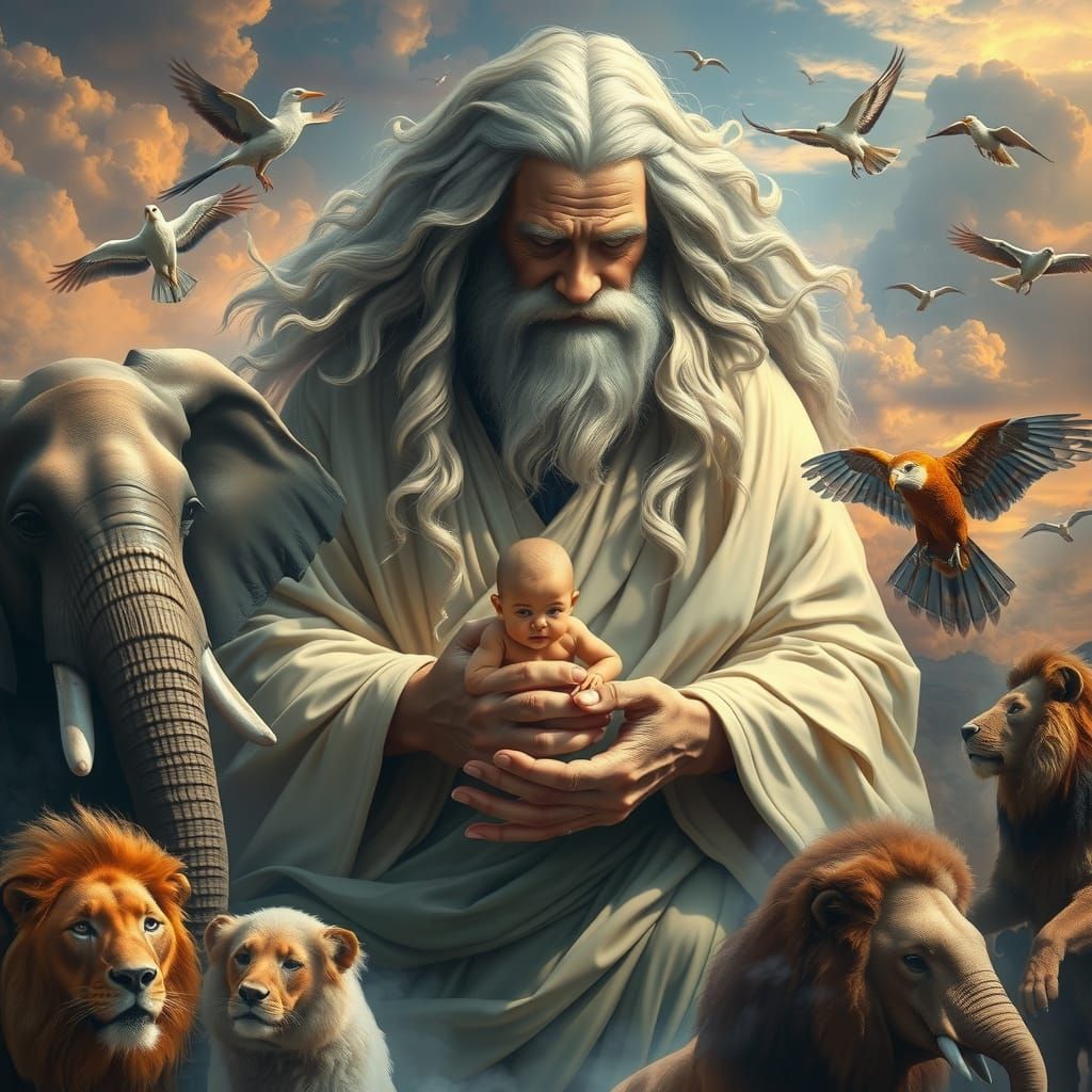 Ethereal Figure with Animals in Dreamlike Scene