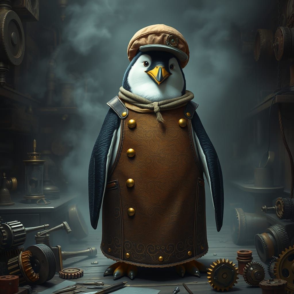 Steampunk Inventor Penguin in Mongolian Attire with Gears an...