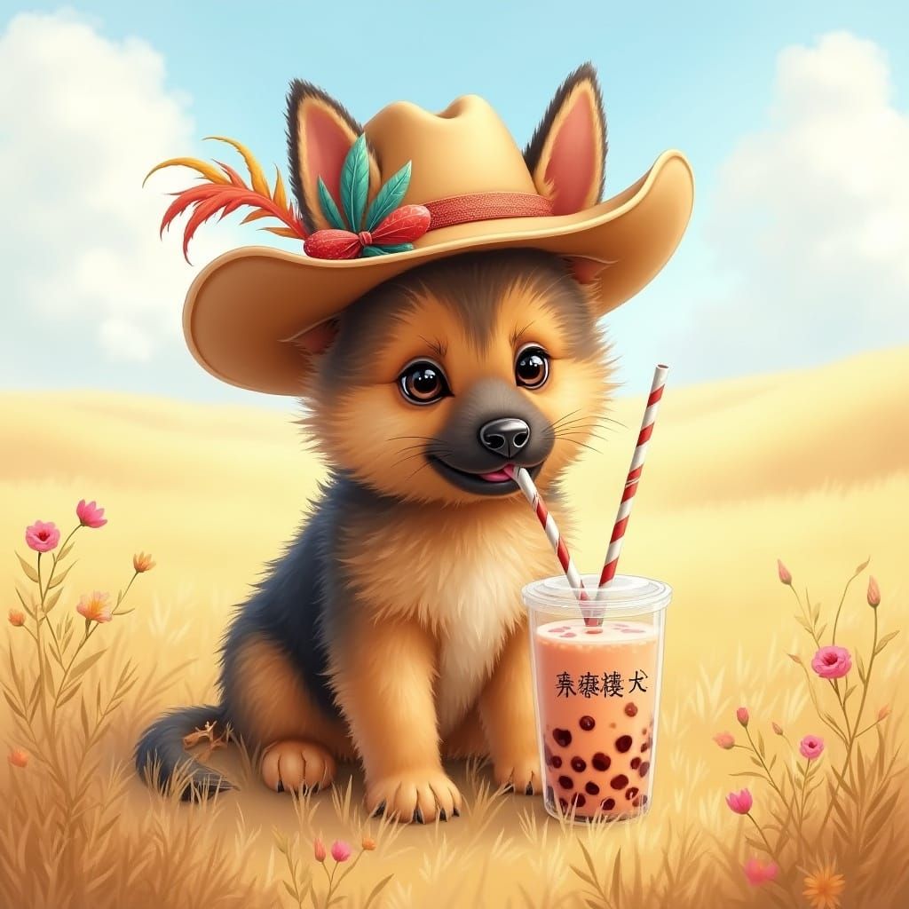 Baby German Shepherd Sips Bubble Tea in Sun-Kissed Plains
