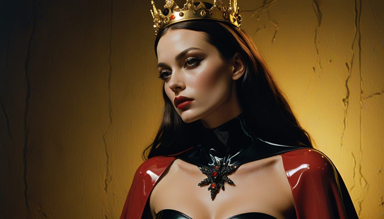 Elegant Futuristic Woman in Latex and PVC Hugs Husband in Hy...