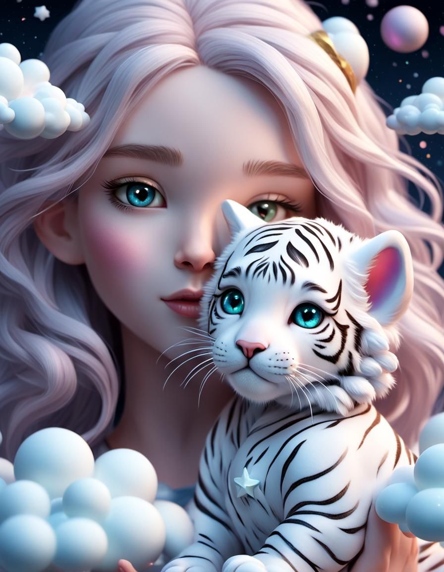 Fluffy white tiger kitten in a bonbon cloud.