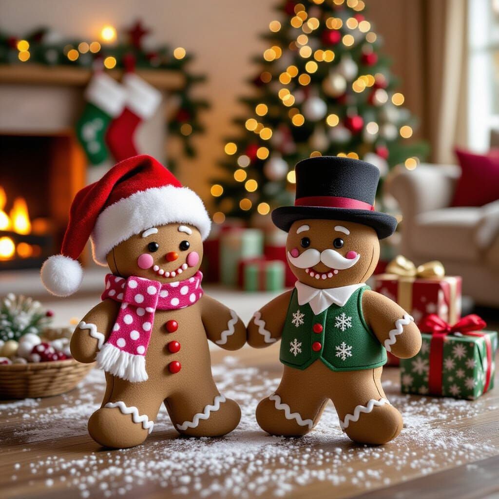 Adorable Gingerbread Couple in Cozy Christmas Living Room