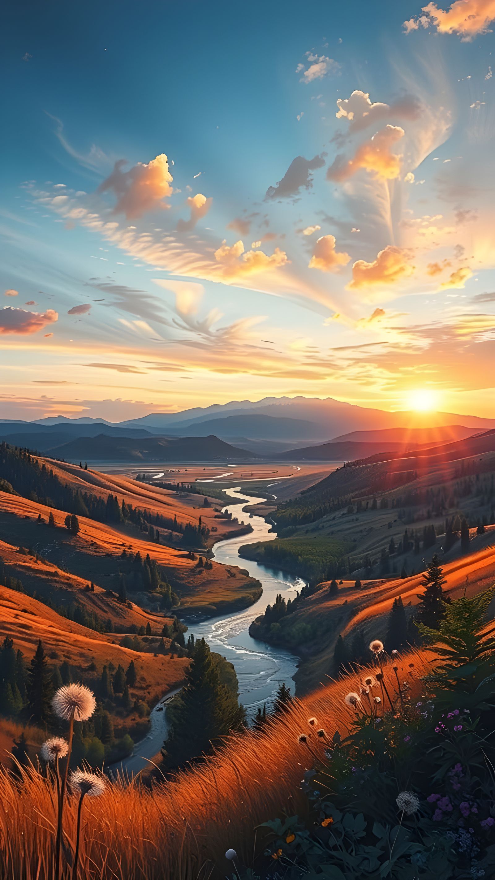 Surreal Rocky Mountain Landscape with Dandelions and Sunset