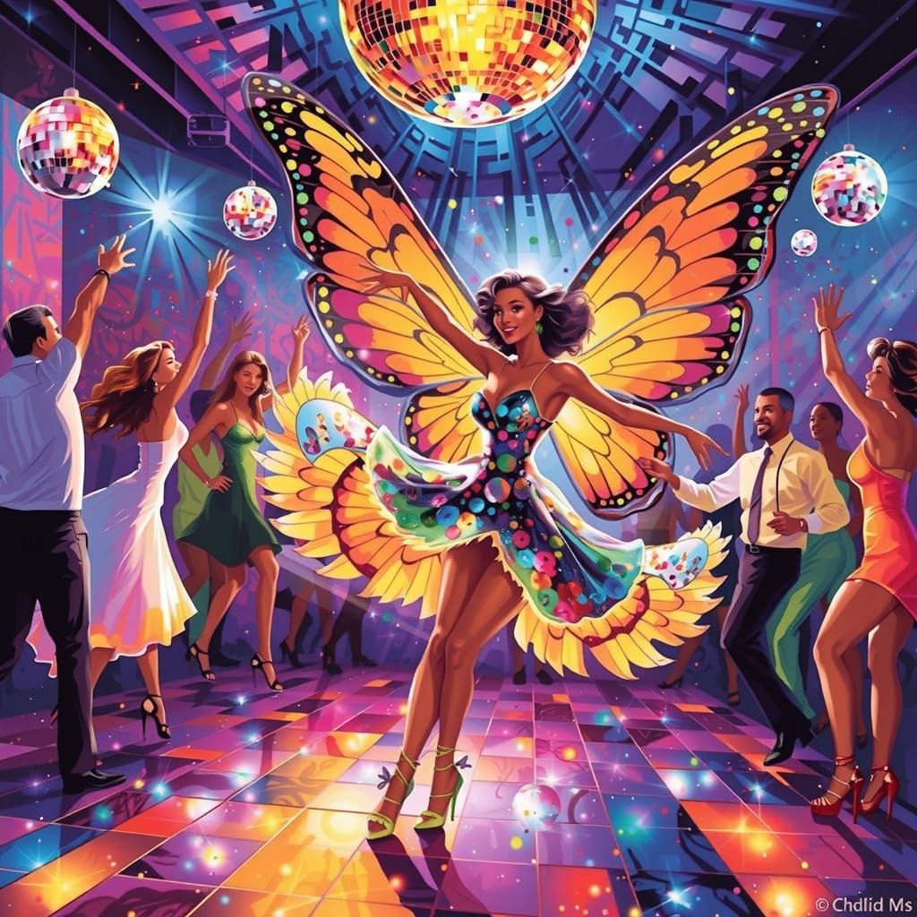 Stunning Disco Butterfly in a Vibrant Nightlife Scene