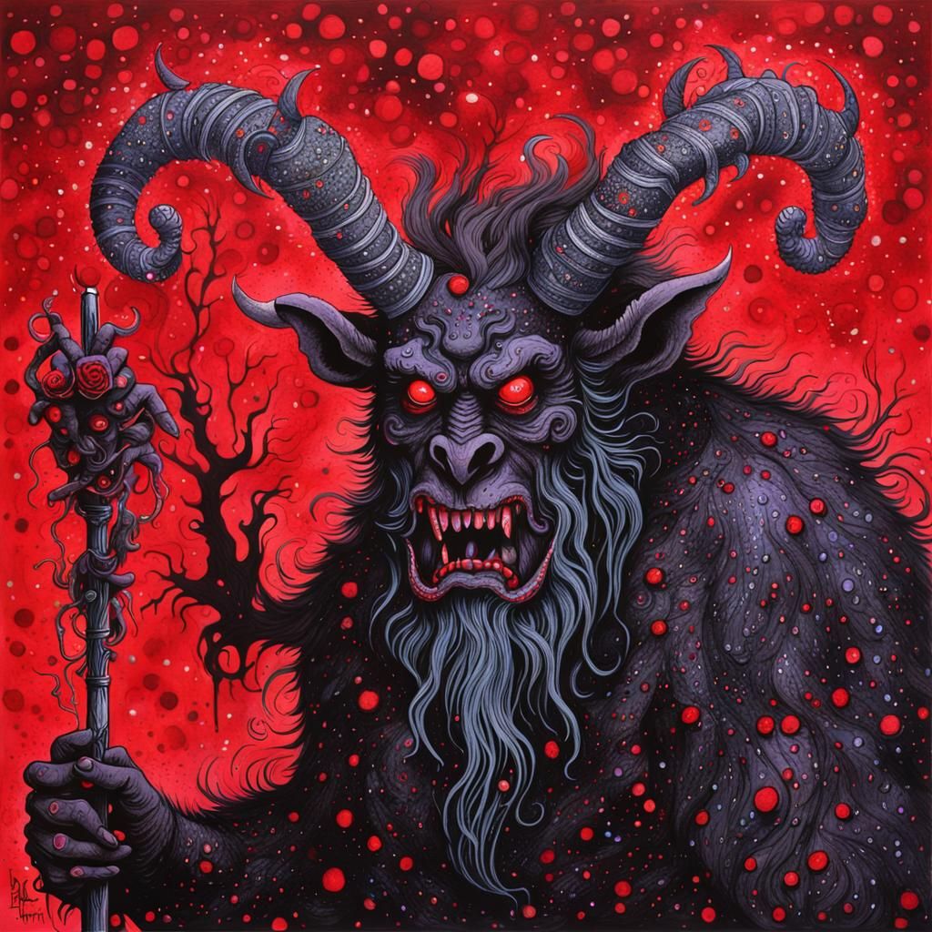 Whimsical Red Krampus in Pointillist Contemporary Art