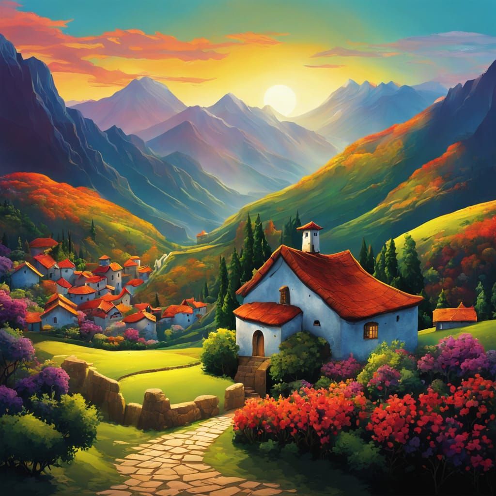 Mountain Village Sunset in Colorful Cartoon Style