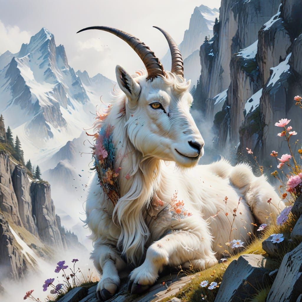 Surreal Alpine Goat in Whimsical Japanese-Inspired Landscape