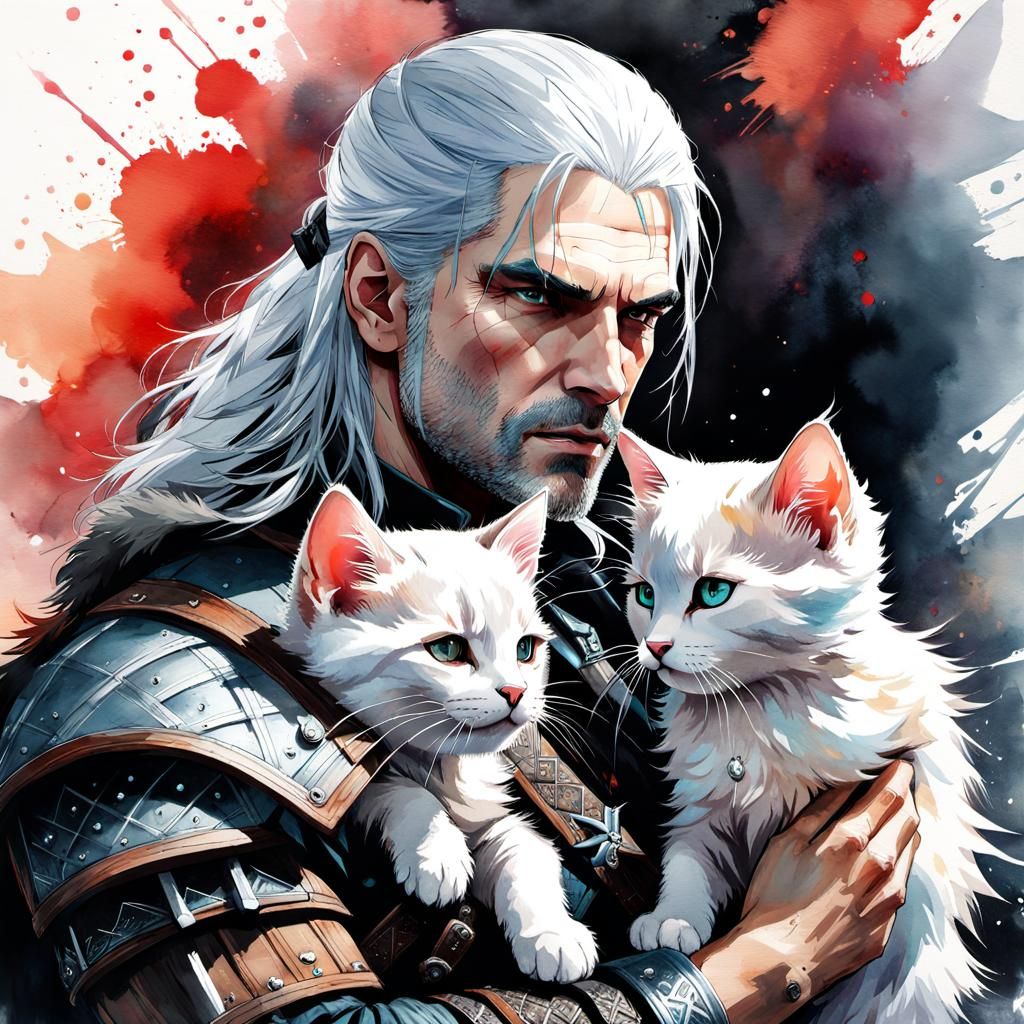 Geralt the Witcher Portrait with Kitten, Watercolor Manga St...