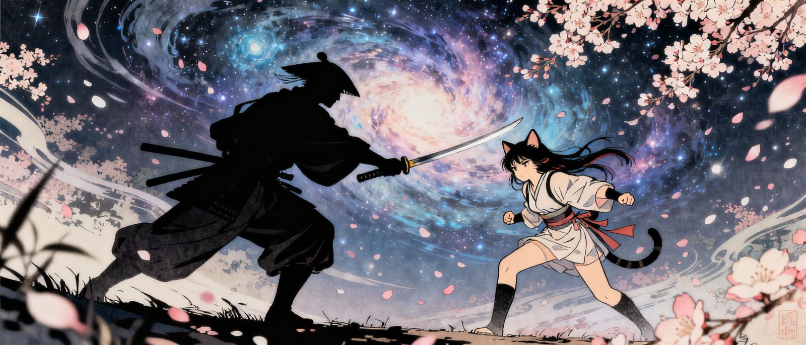 Cosmic Samurai Duel with Cat Girl in Nebula