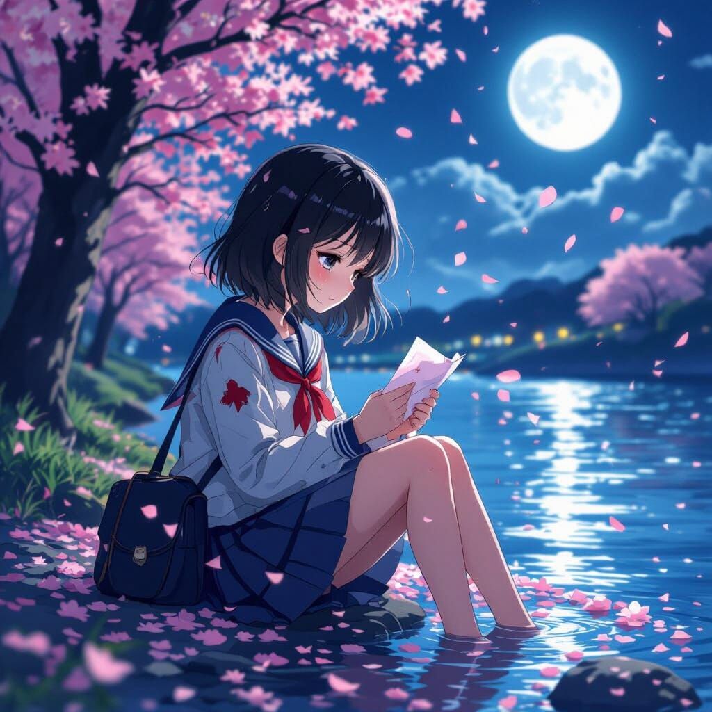 Melancholic Anime Girl on Riverbank in Dreamy Style