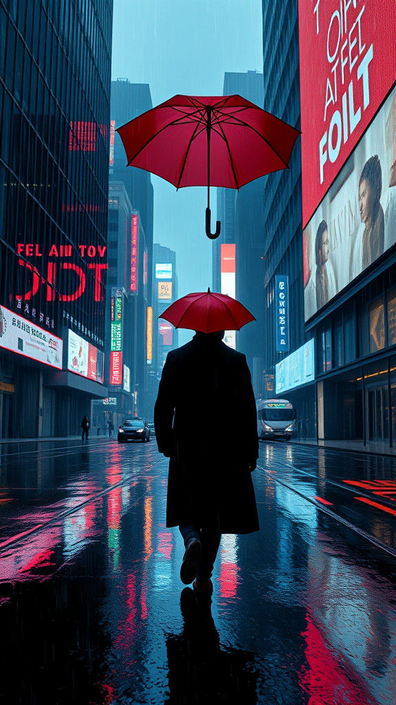 Eerie Solitude: Rain-Soaked Cityscape with Neon Reflections