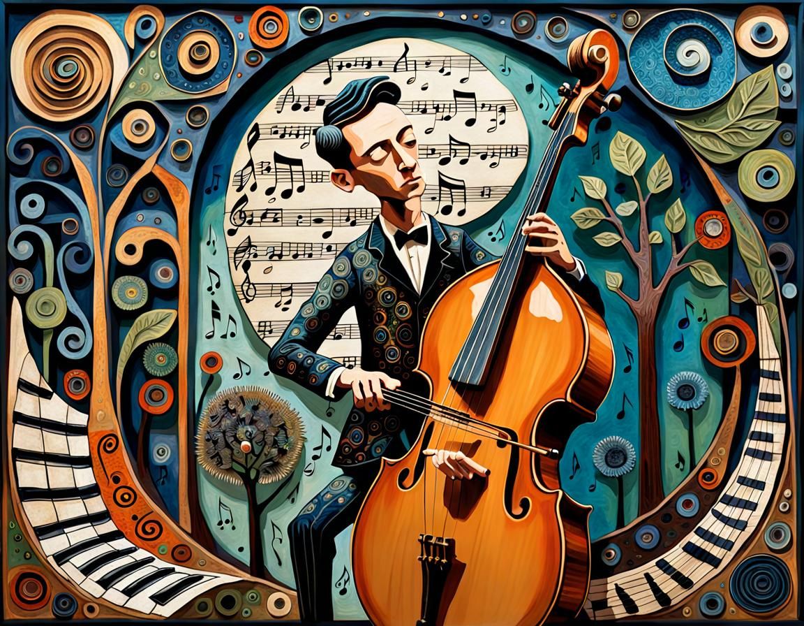 Boy Playing Bass in Visionary Art Style