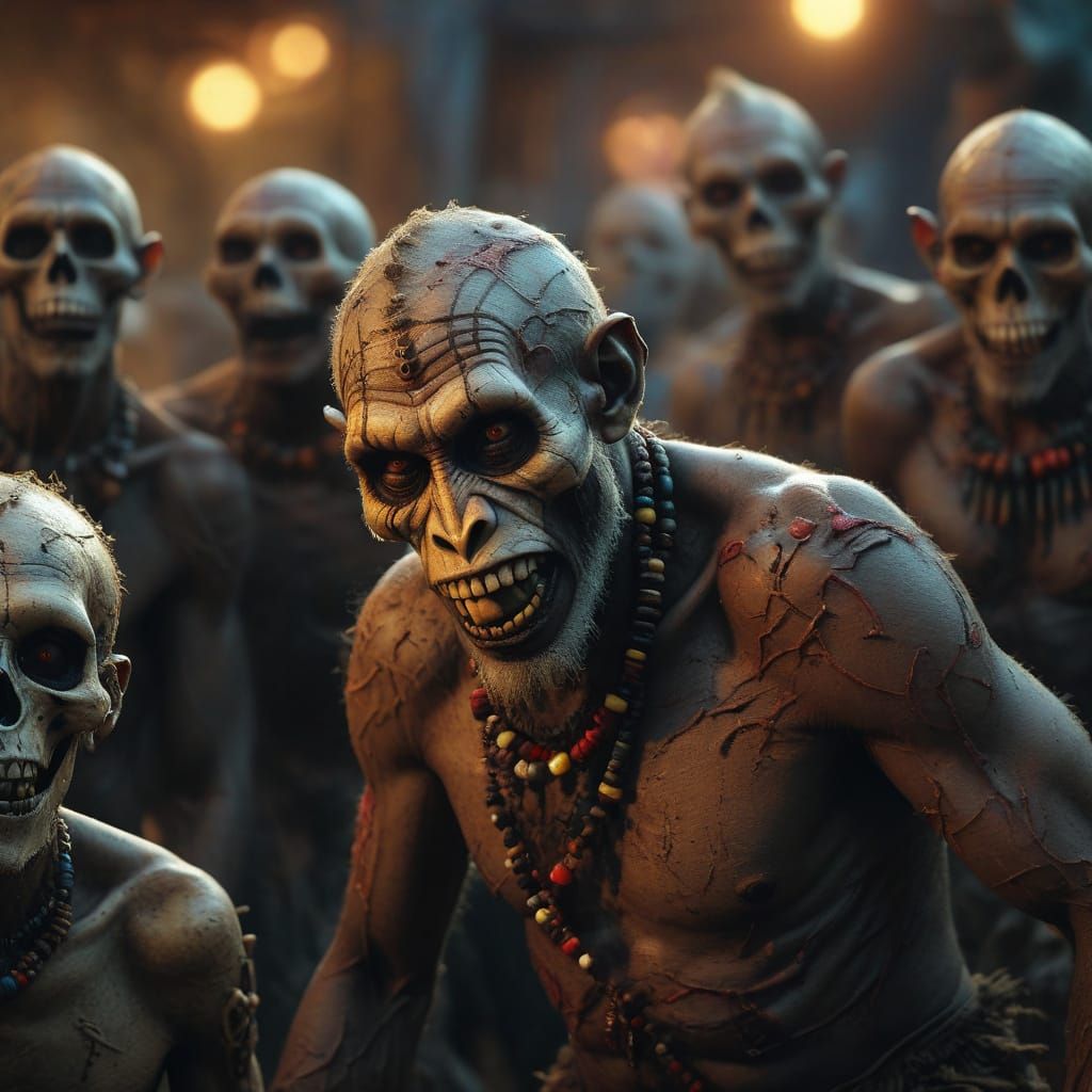 Vibrant Tribal Dancers Amidst a Macabre Feast
