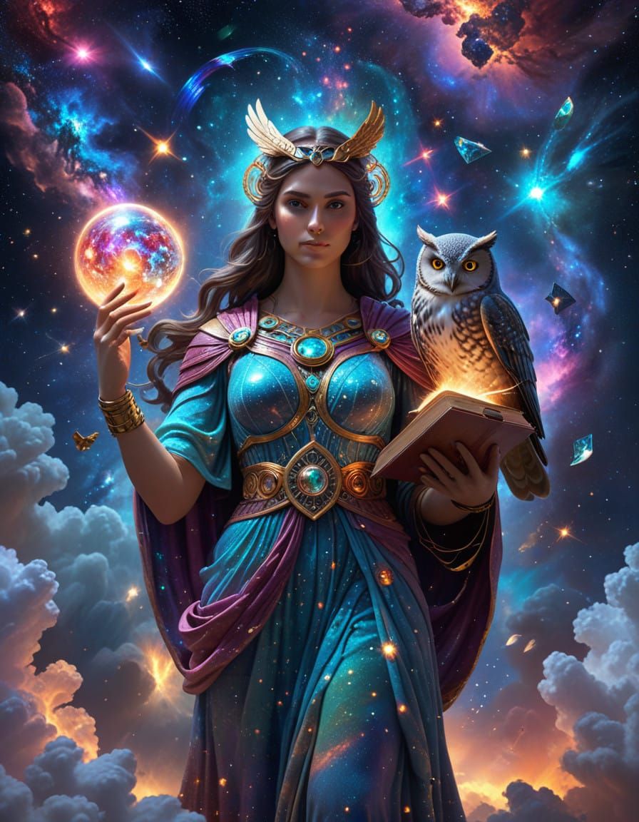 Athena in Celestial Paradise: Goddess of Wisdom with Glowing...