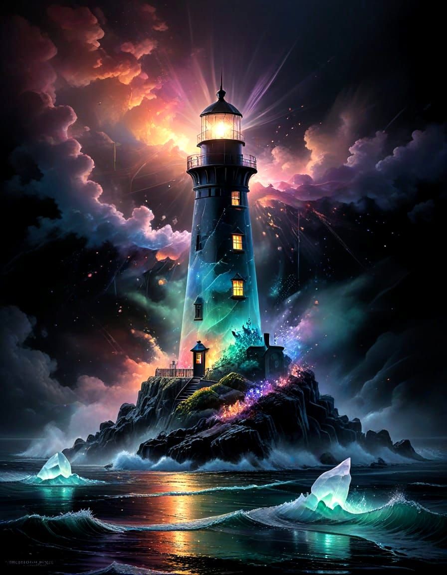 Sea Glass Lighthouse with Pastel Neon Rainbow Glow