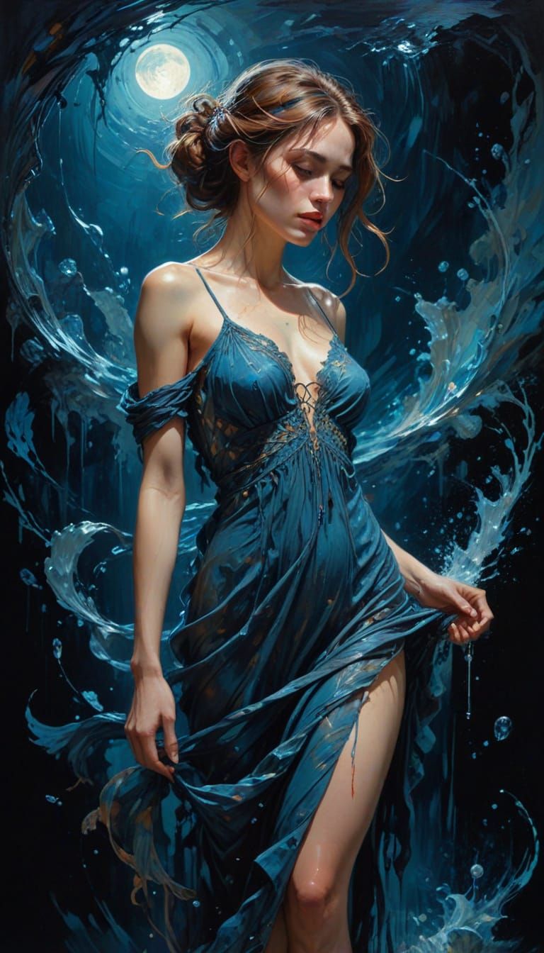 Mysterious Woman in Stream as Impasto Oil Painting