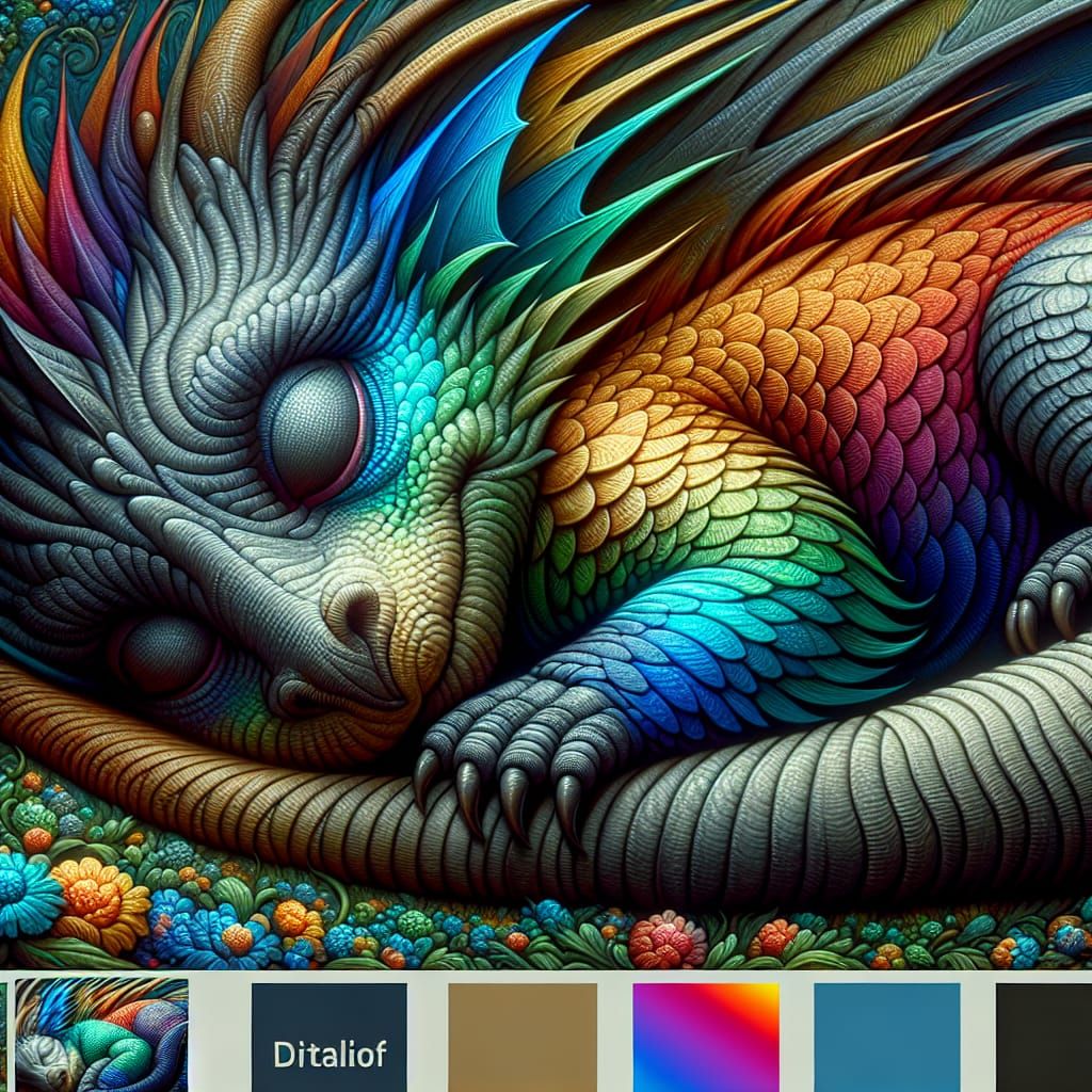 Adorable Rainbow Dragon Sleeping, Matte Painting Style