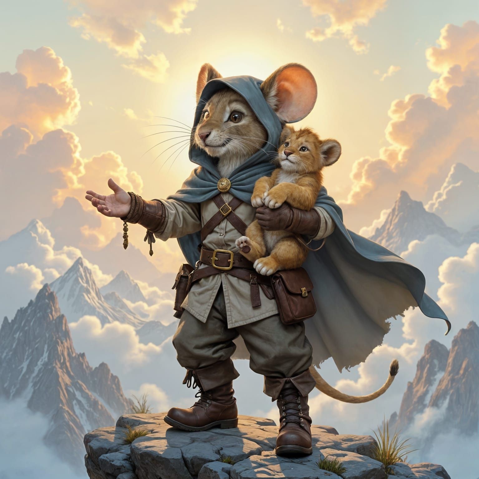 Anthropomorphic Mouse with Lion Cub in Fantasy Style