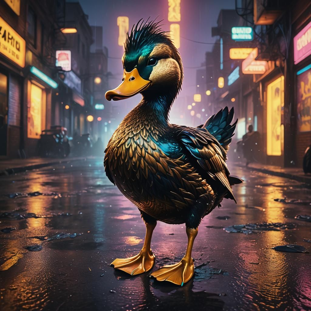 Space Duck Wanted Poster in Metallic Neon City