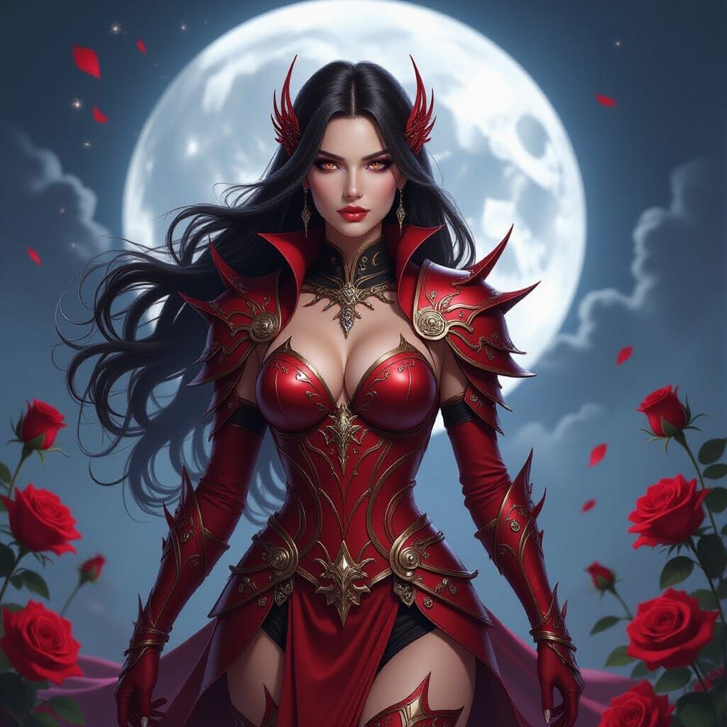 Powerful Sorceress in Red Armor with Dark Magic