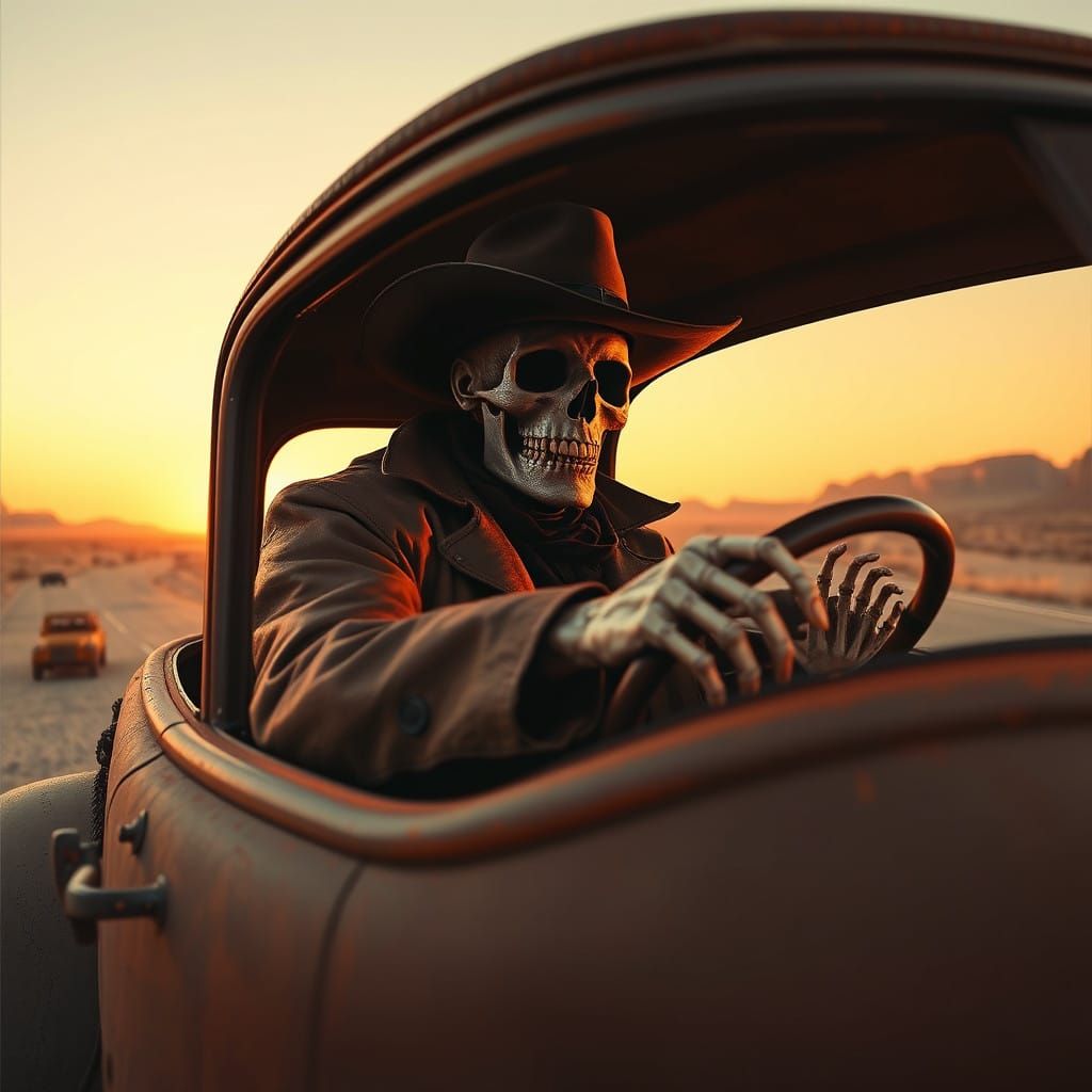 Supernatural Cowboy Haunts Desert Highway in Sunset Glow
