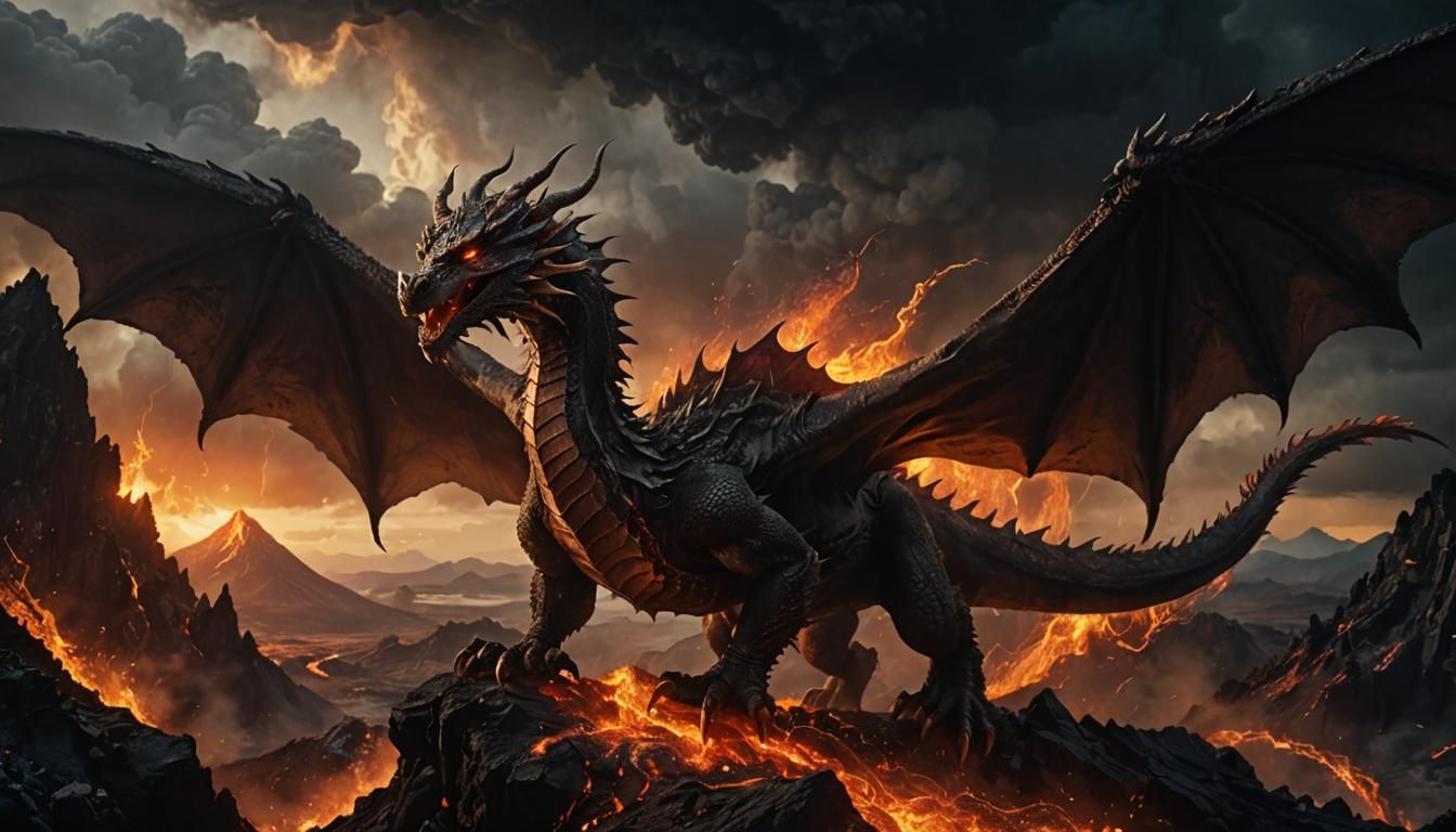 Dragon Soaring Over Volcano in Dark Fantasy Style