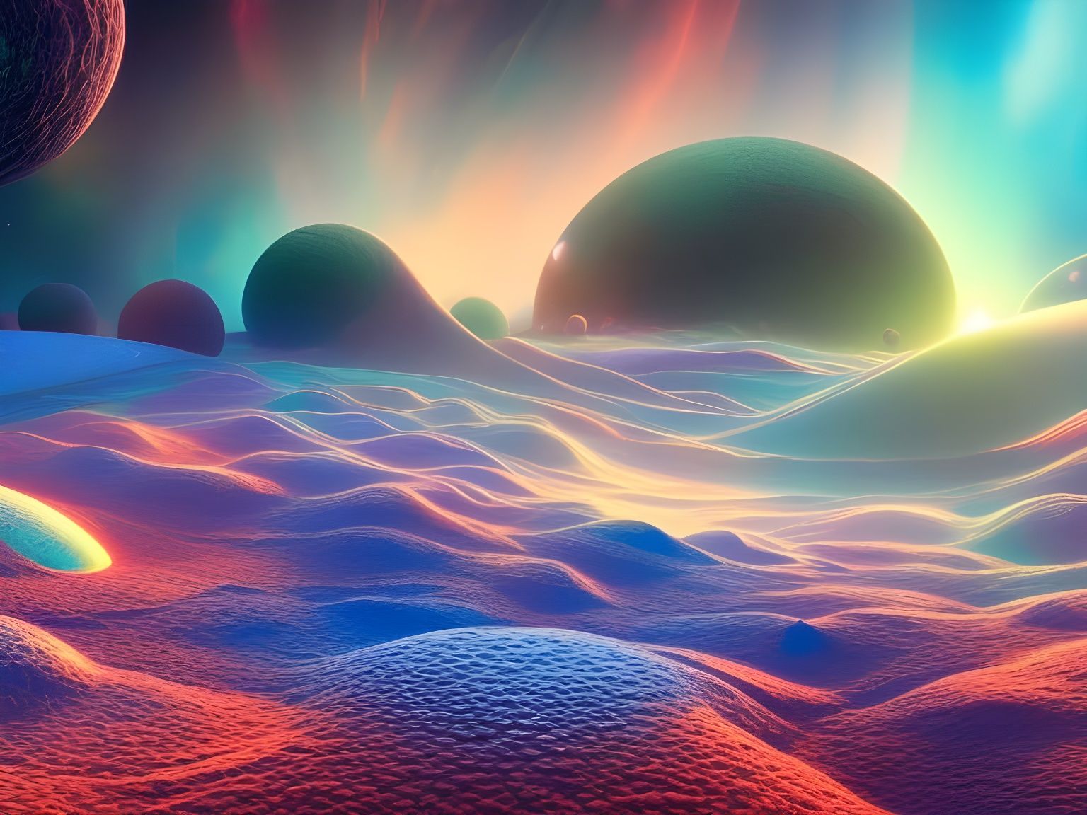 Surreal Alien Planet with Iridescent Clouds