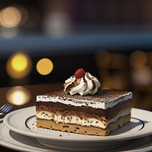Hyperrealist Tiramisu Pastry in Upscale Bistro