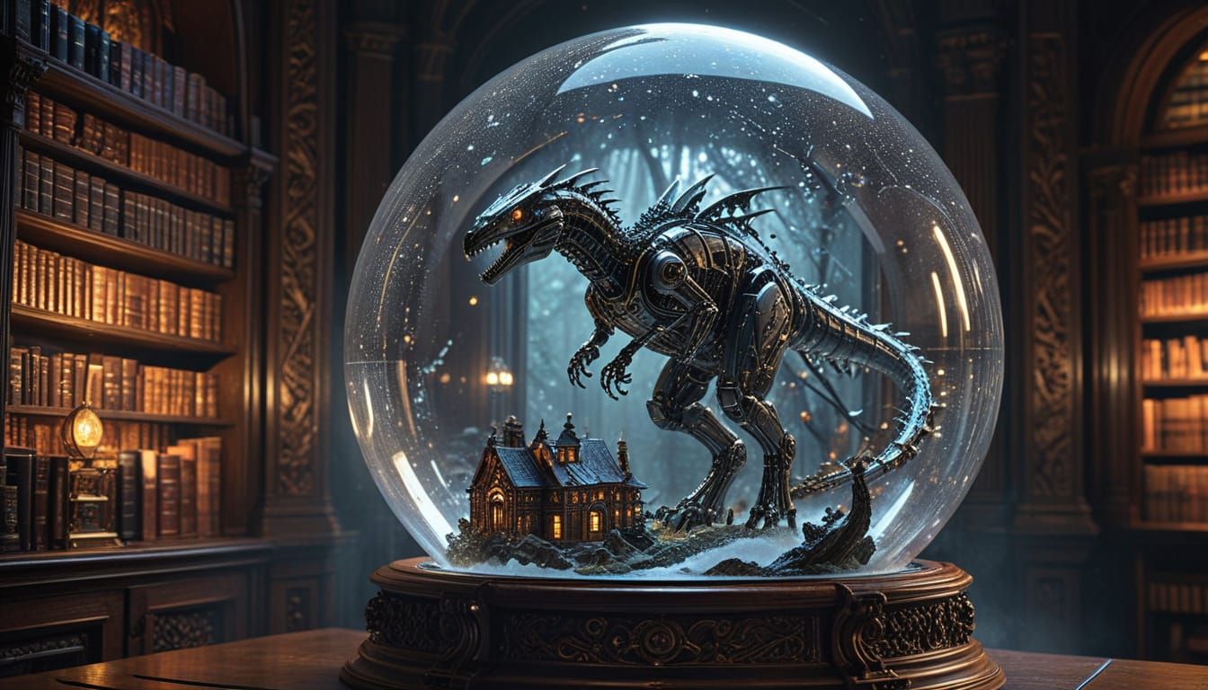 Robot Velociraptors in Victorian-Style Library Snow Globe, A...