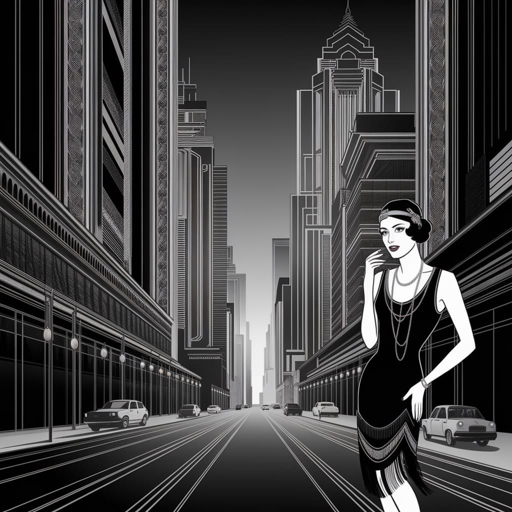 Art Deco Cityscape with Elegant Lady in Flapper Dress
